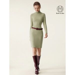 OGL Sage Green Brami Ribbed Mockneck Bodycon Mini Dress Built-In Bra S